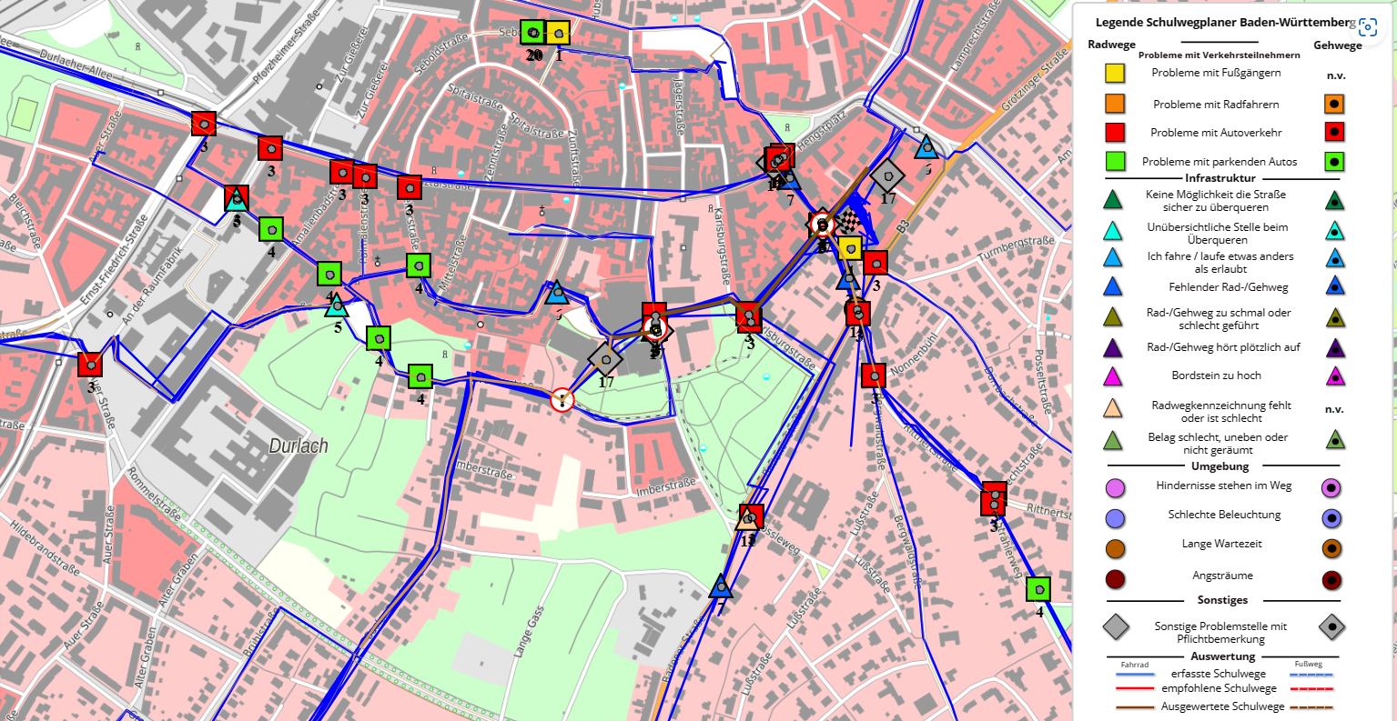 Stadtplan mit Radwegen und Gefahrenstellen
